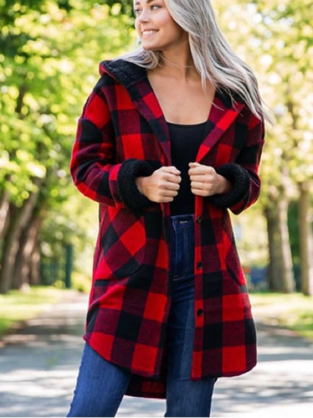 RD Style hooded Shacket Red and Black Plaid Sherpa Jacket buffalo check sz sm